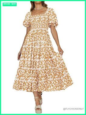 Boho Floral Square Neck Puff Sleeve Smocked Maxi Dress Tiered A-Line Swing